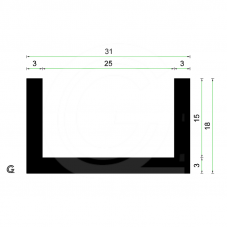 Rubber U Profiel| binnenmaat 25 mm | hoogte 18 mm | dikte 3 mm | Per Meter